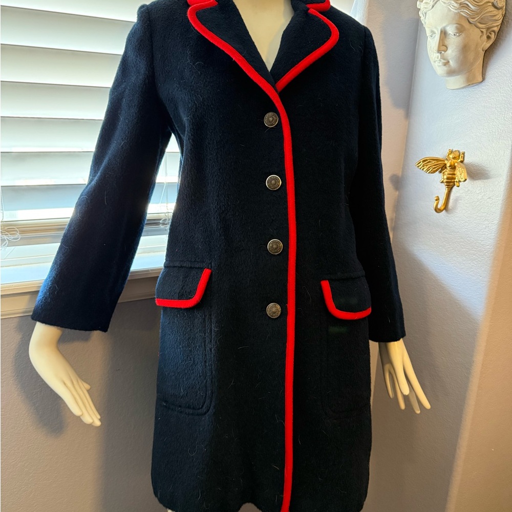 Vintage Austrian Women’s Blue Pea Coat with Red Contrast Trim